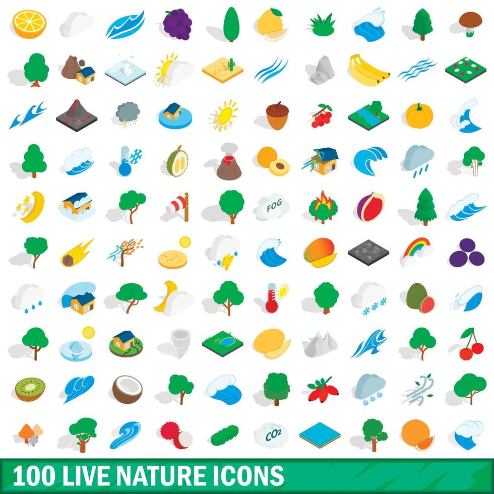 100 ícones da natureza ao vivo, estilo 3d isométrico vetor