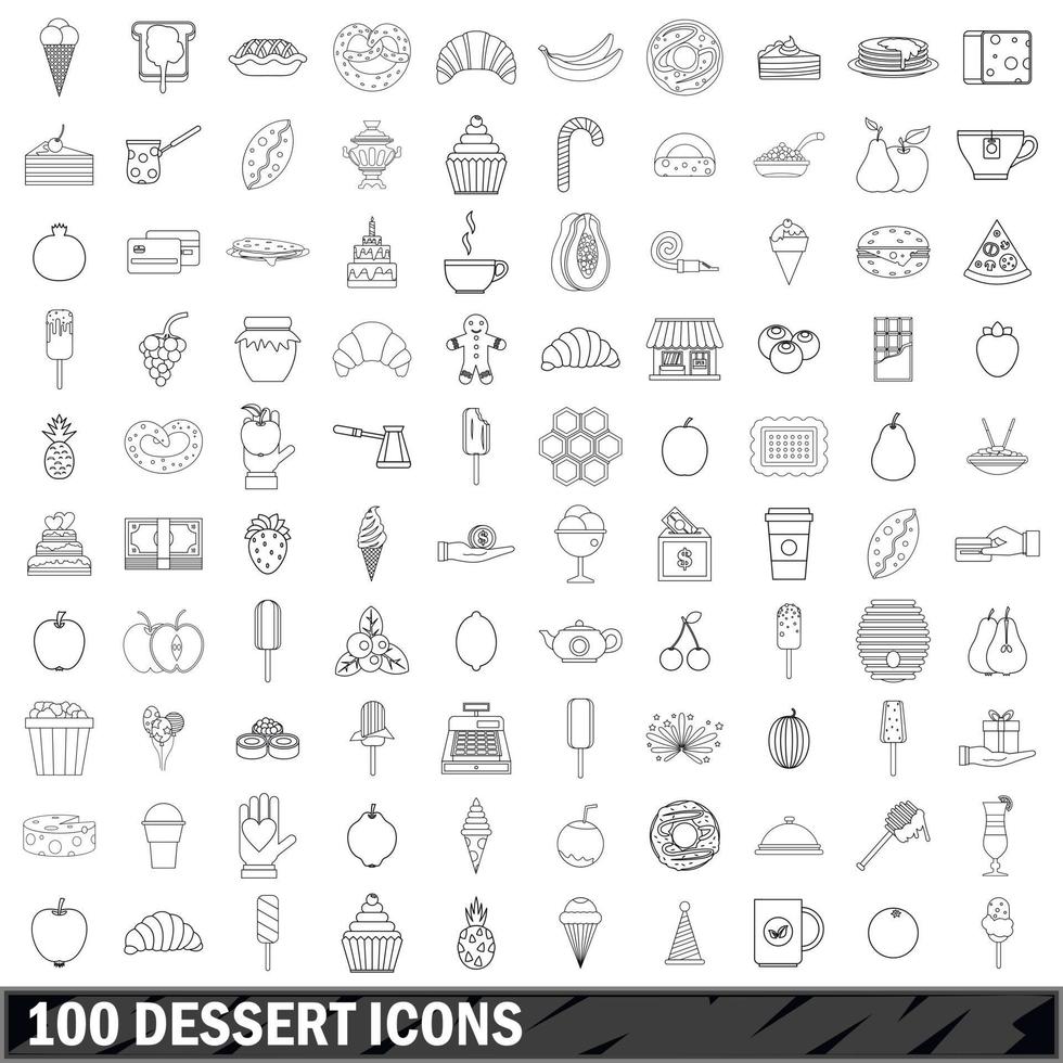 conjunto de 100 ícones de sobremesa, estilo de contorno vetor