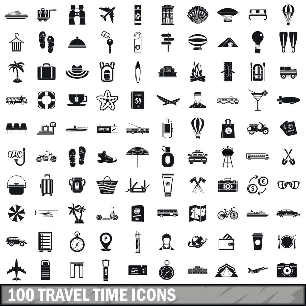 Conjunto de 100 ícones de tempo de viagem, estilo simples vetor