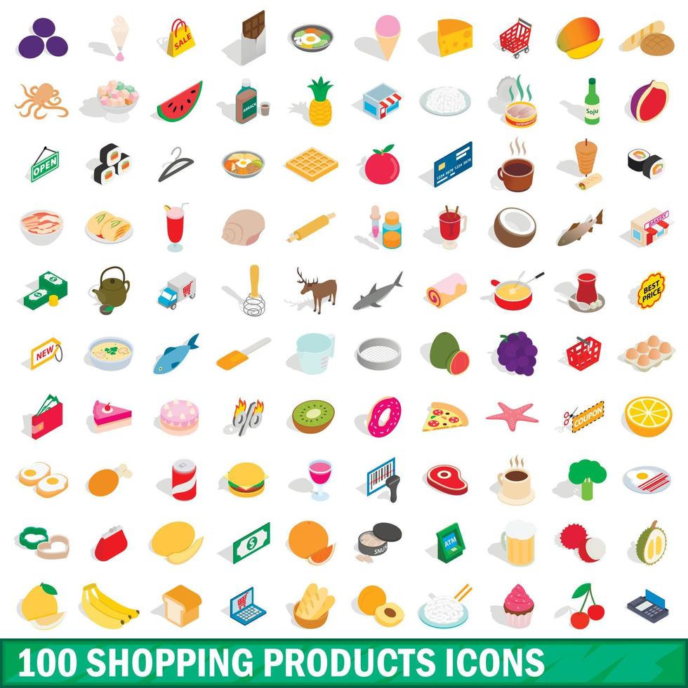 Conjunto de 100 ícones de produtos de compras, estilo isométrico vetor