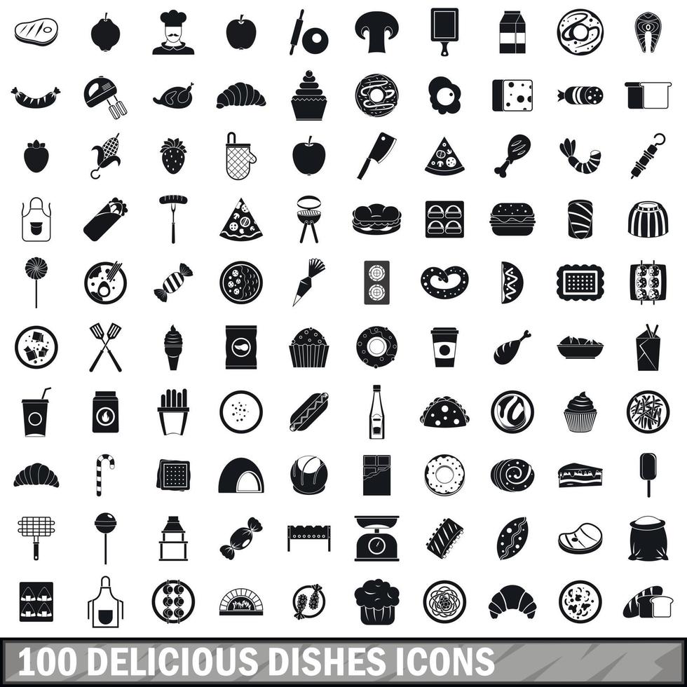 Conjunto de 100 ícones de pratos deliciosos, estilo simples vetor