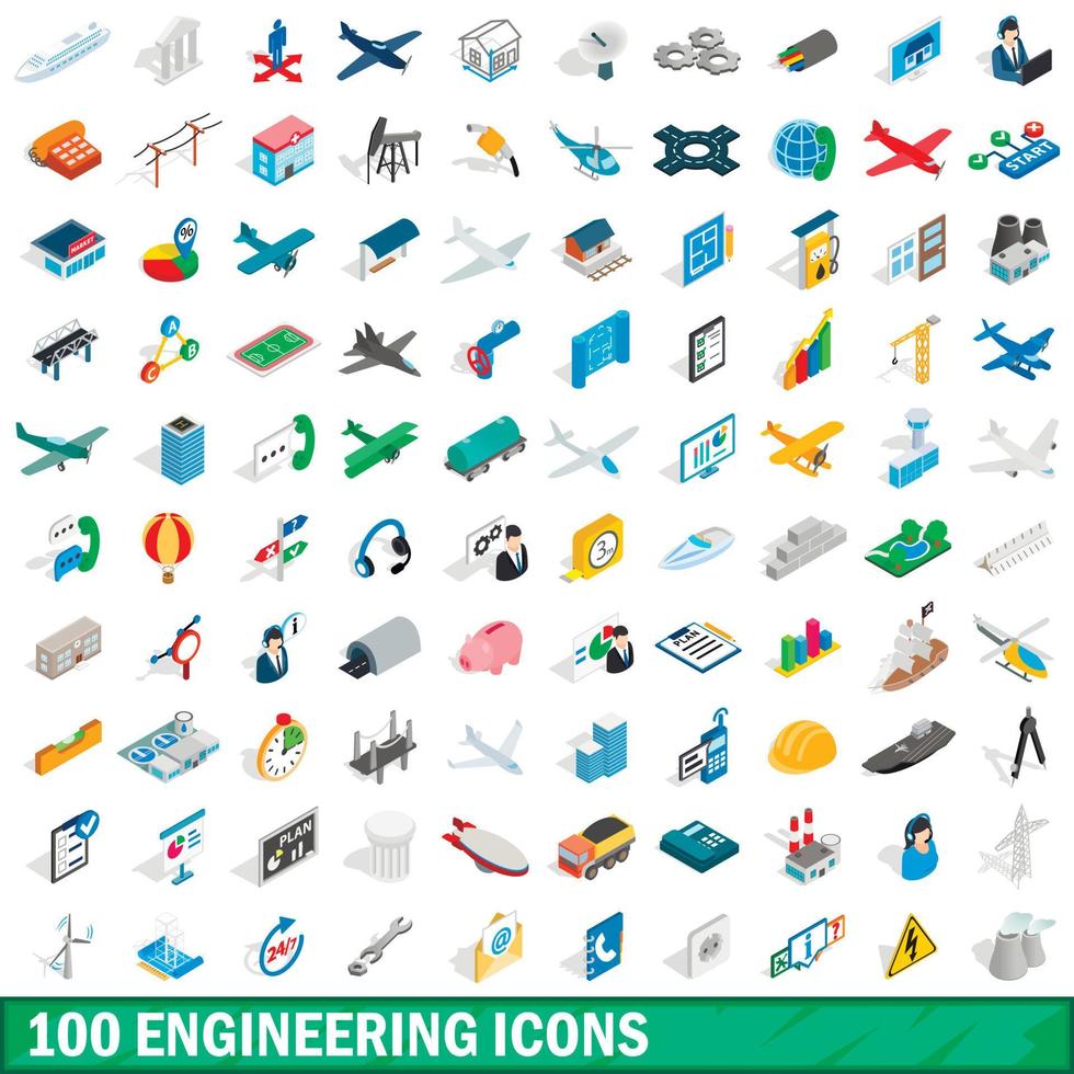conjunto de 100 ícones de engenharia, estilo 3d isométrico vetor