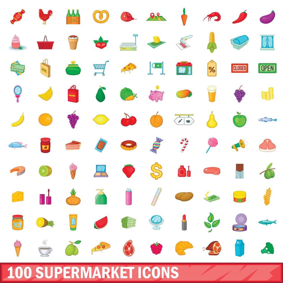 conjunto de 100 ícones de supermercado, estilo cartoon vetor