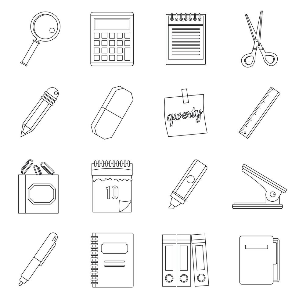 conjunto de ícones de símbolos de papelaria, estilo de estrutura de tópicos vetor
