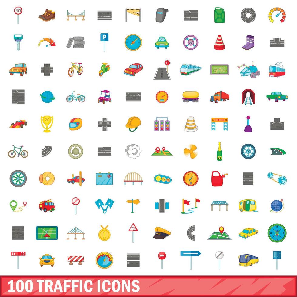 conjunto de 100 ícones de tráfego, estilo cartoon vetor