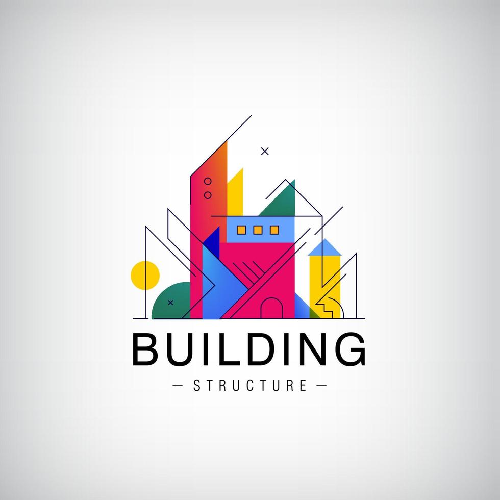 gráfico de vetor de conceito - edifícios coloridos do horizonte urbano. o modelo de logotipo mostra edifícios modernos de forma abstrata. construção de logotipo, estrutura, arquitetura