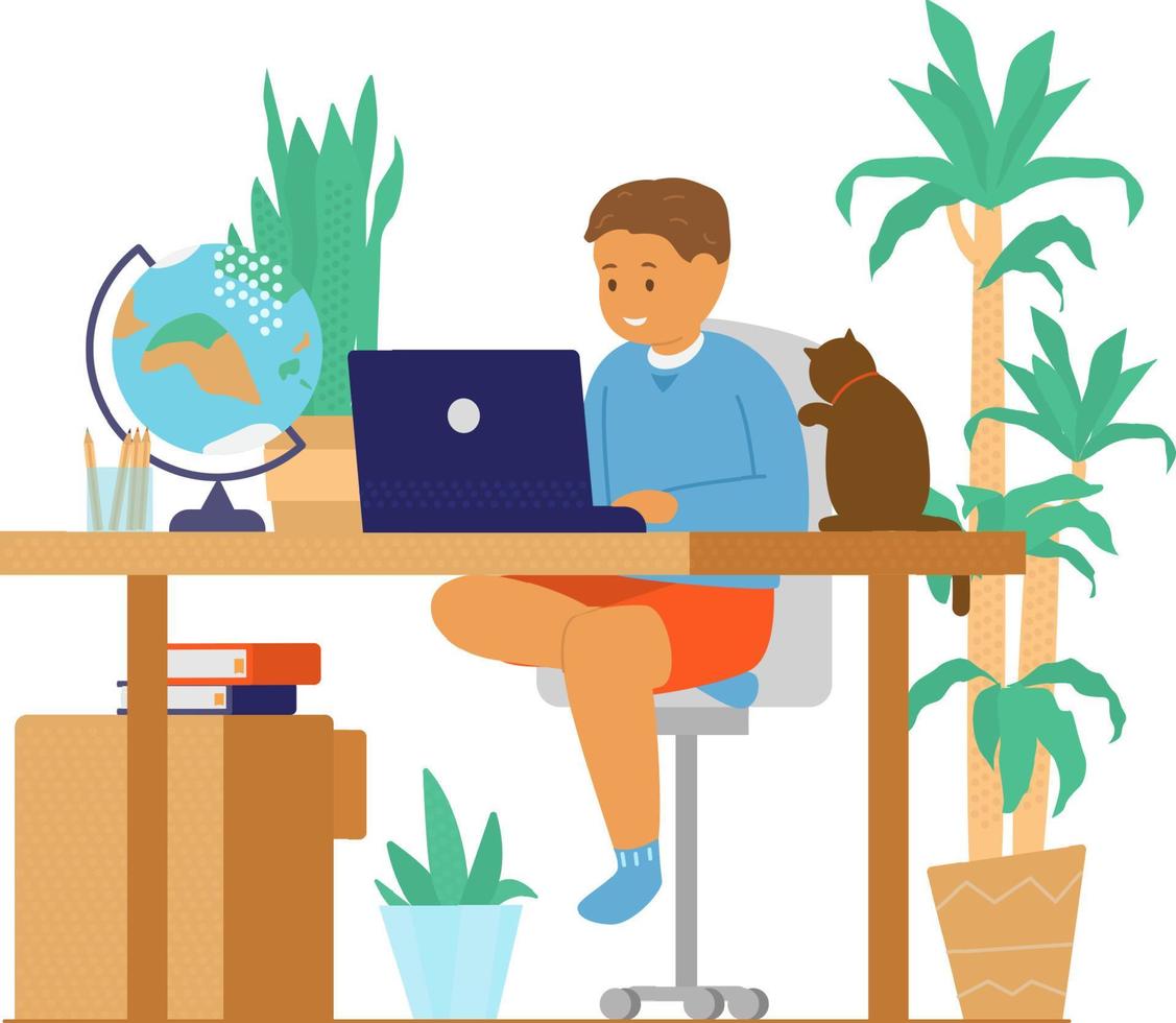 homeschool ou educação online. menino sorridente senta-se na frente do laptop aprendendo. local de trabalho aconchegante com gato e plantas. ilustração vetorial plana. vetor