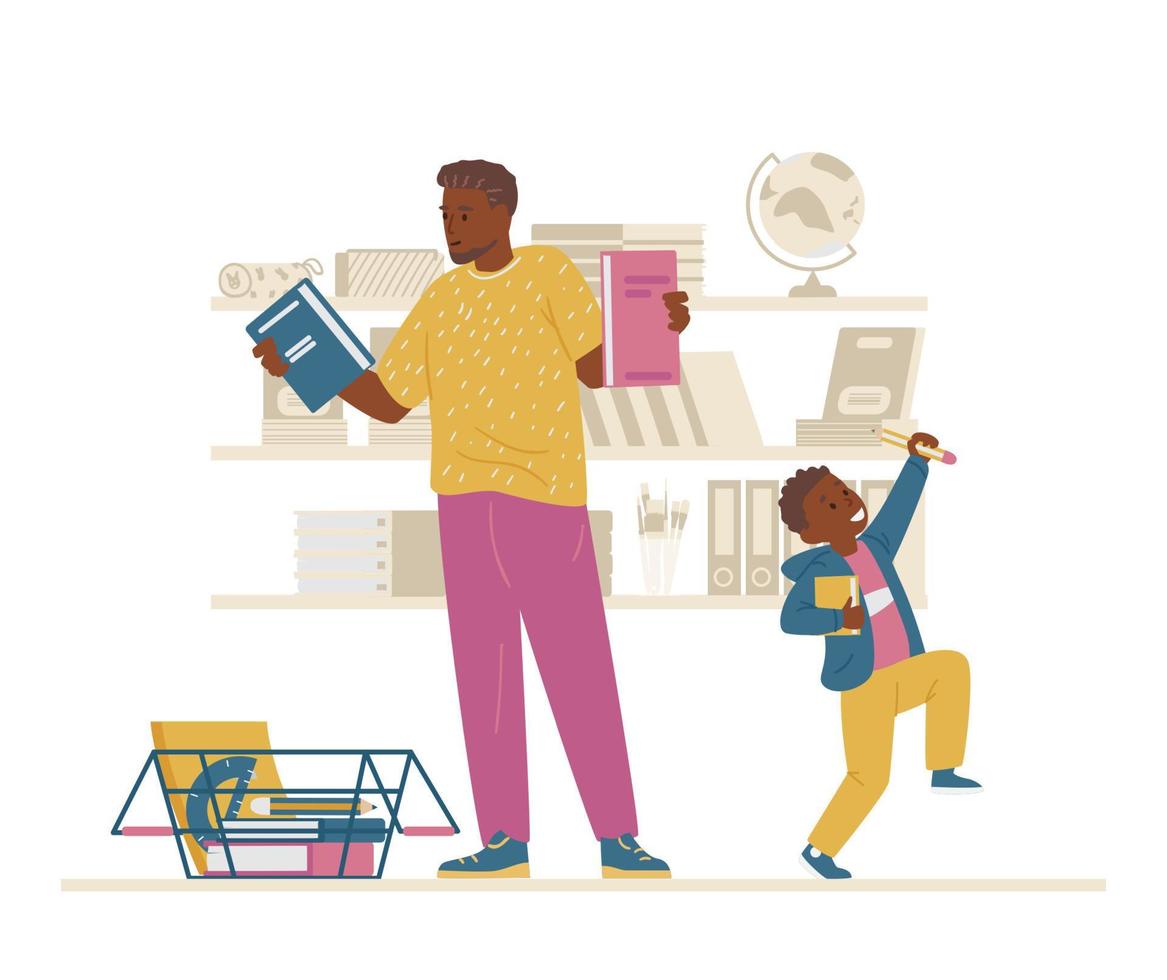 família afro-americana comprando material escolar. pai e filho do primeiro ano se preparando para a escola. ilustração vetorial. vetor