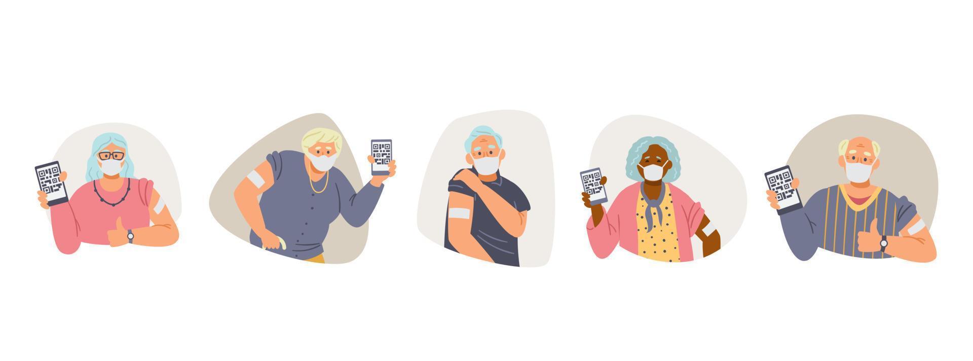 coleção de vetores plana de idosos vacinados. homens e mulheres idosos com máscaras faciais mostram as mãos com remendo segurando telefones com passaporte de saúde.