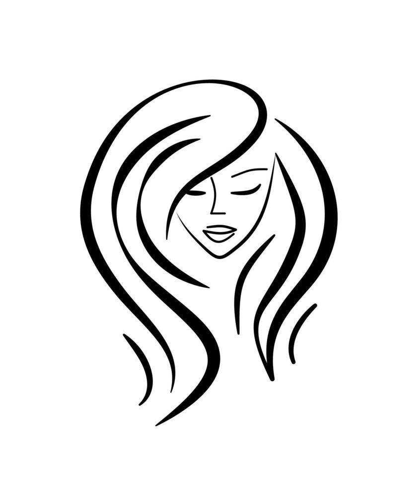 logotipo do salão de beleza. menina com cabelo comprido - ícone vector isolar. cabeleireira de mulher. cosmetologia, tatuagem. rosto de mulher bonita