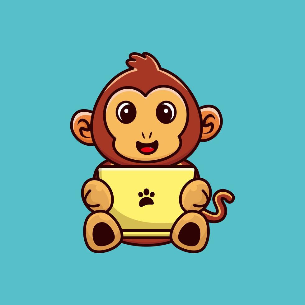 macaco bonito segurando o vetor premium dos desenhos animados do laptop