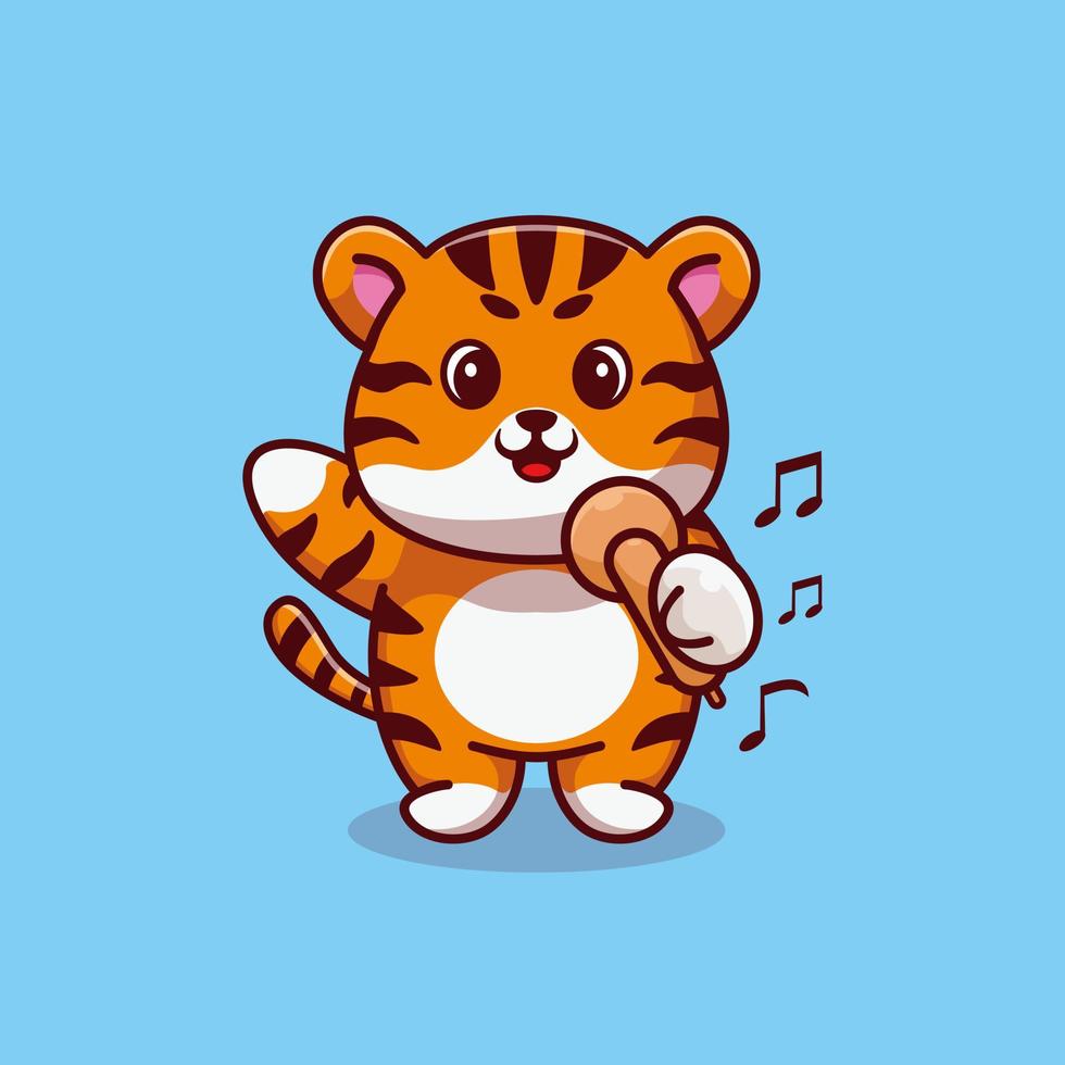 lindo tigre cantando desenho de desenho animado vetor premium