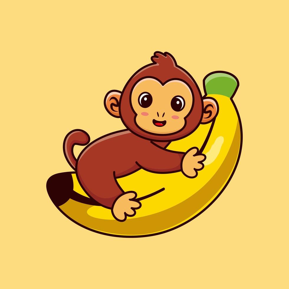 macaco fofo abraço banana cartoon vetor premium