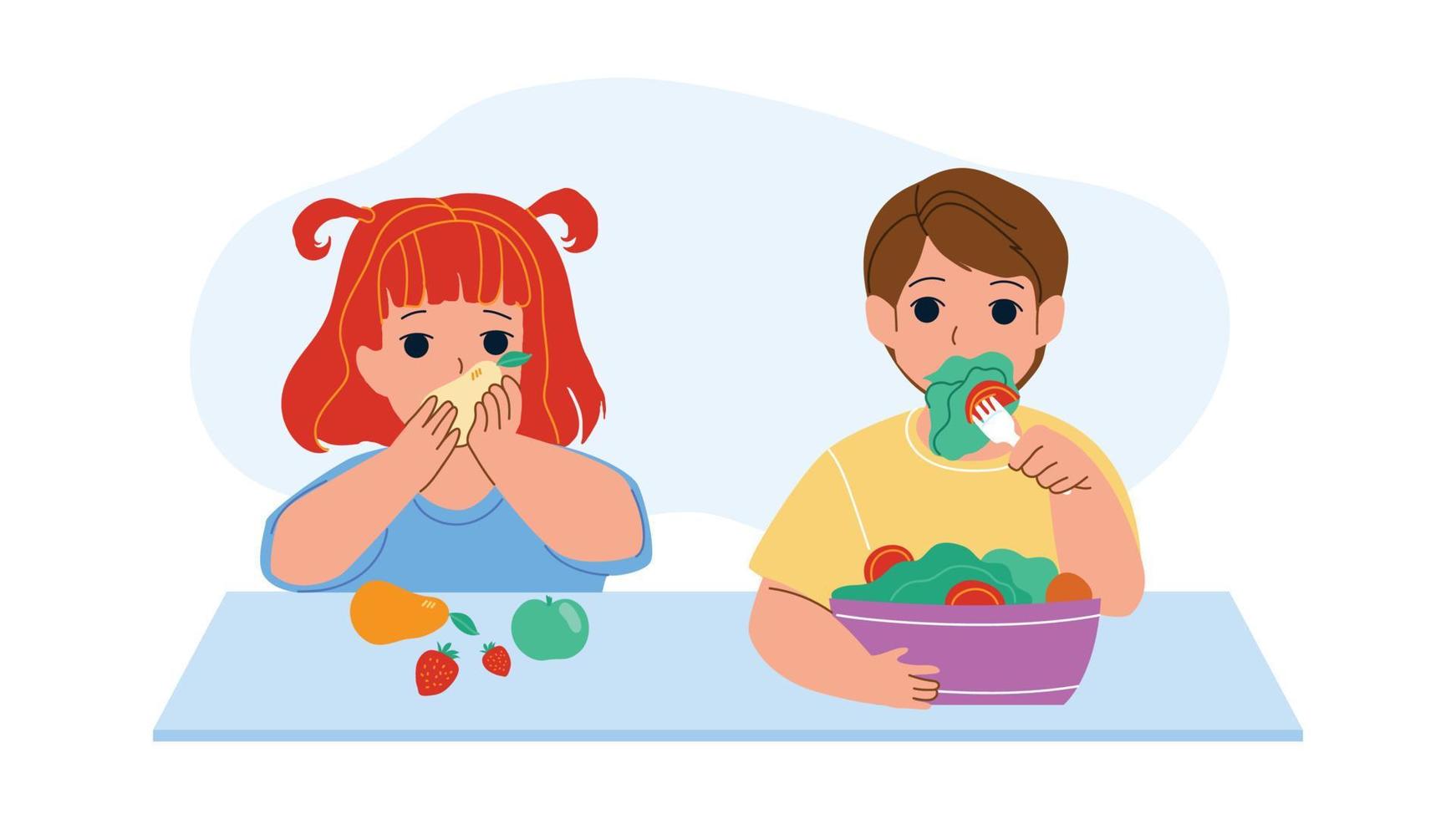 as crianças comem o vetor de frutas e legumes vitamínicos