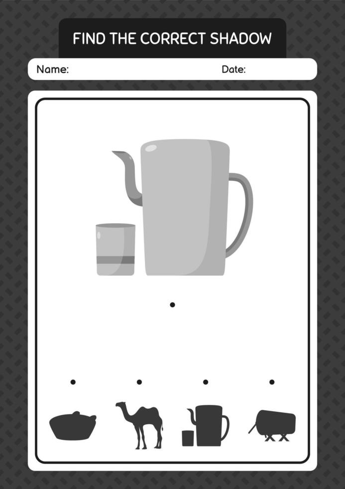 encontre o jogo de sombras correto com bule árabe. planilha para crianças pré-escolares, folha de atividades para crianças vetor
