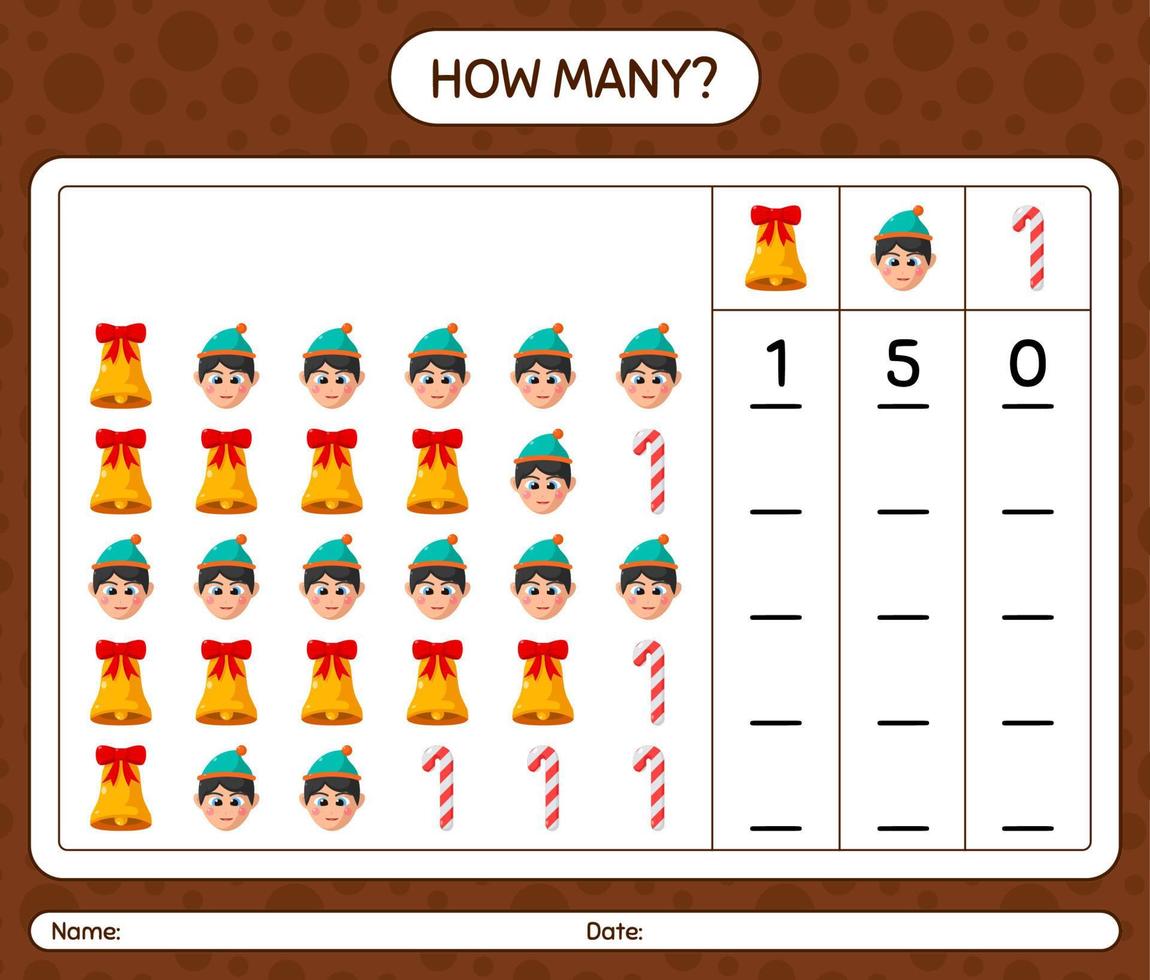 quantos jogo de contagem com ícone de natal. planilha para crianças pré-escolares, folha de atividades para crianças vetor