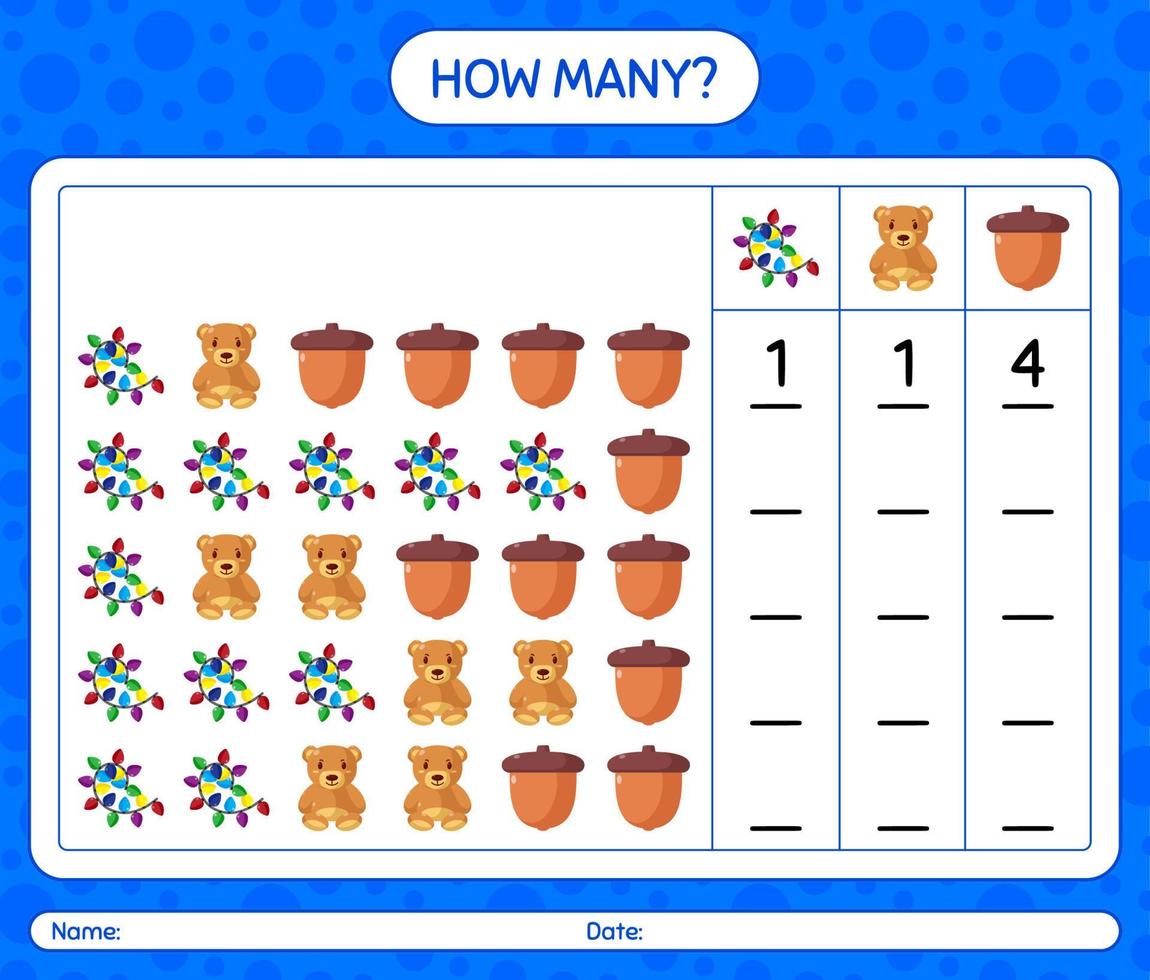 quantos jogo de contagem com ícone de natal. planilha para crianças pré-escolares, folha de atividades para crianças vetor