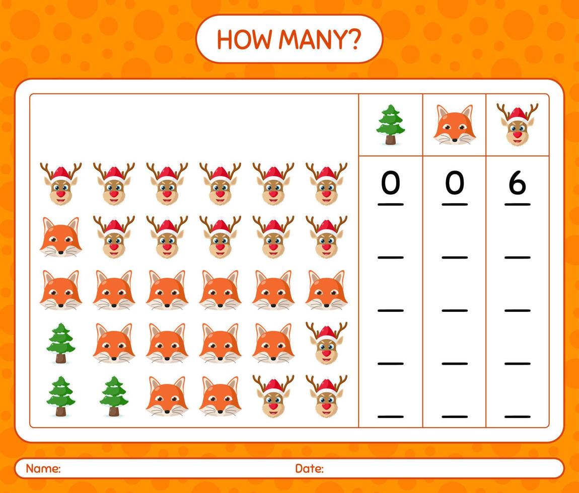 quantos jogo de contagem com ícone de natal. planilha para crianças pré-escolares, folha de atividades para crianças vetor