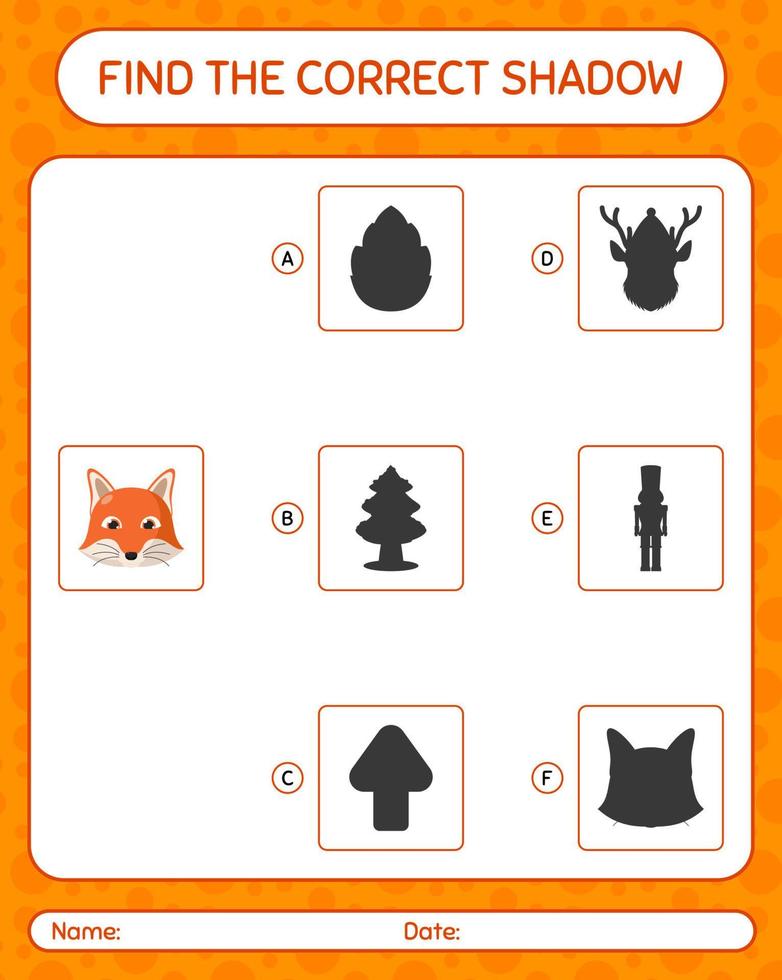 encontre o jogo de sombras correto com a raposa vermelha. planilha para crianças pré-escolares, folha de atividades para crianças vetor