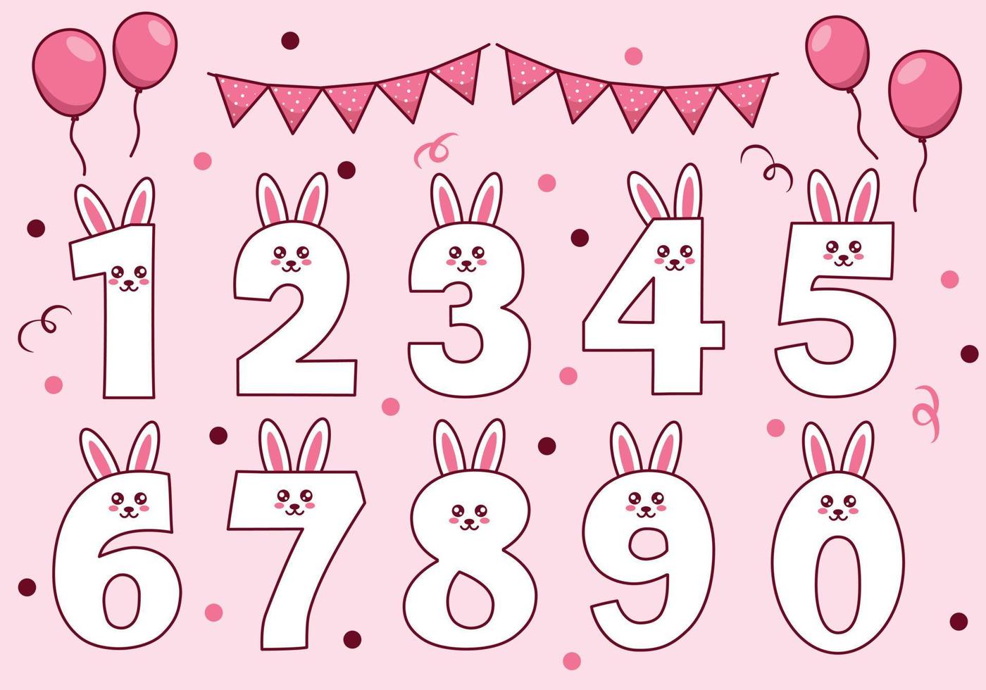 coleção de coelhinho fofo ou coelho com numeração para festa de aniversário, educação infantil, ornamento. fonte engraçada vetor