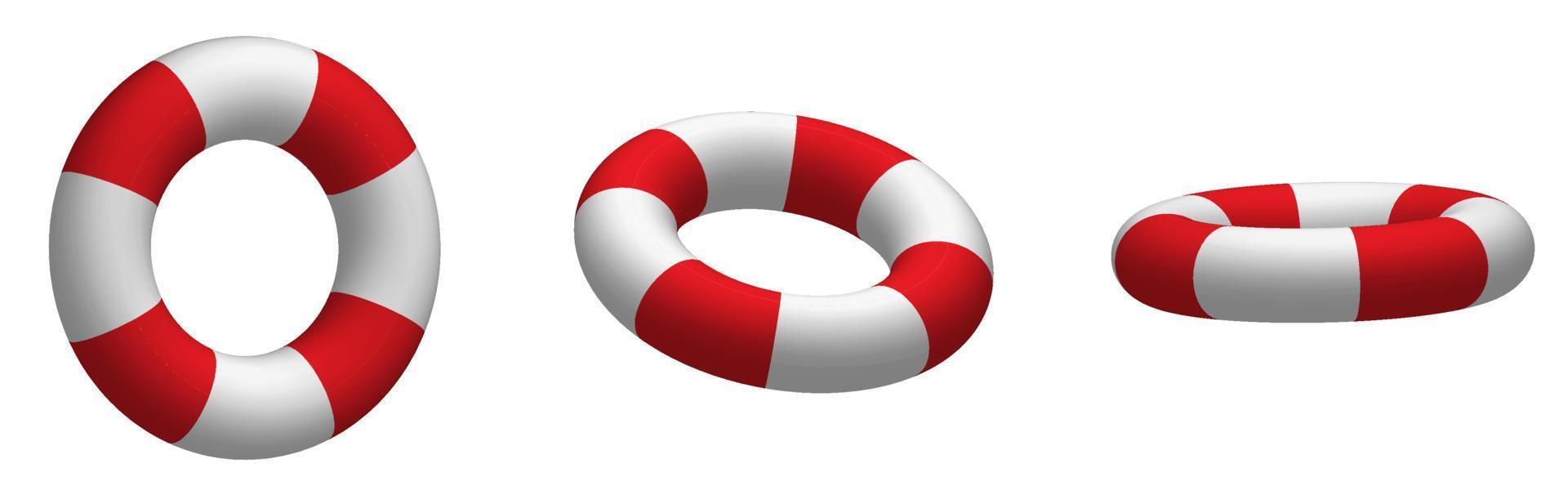 coleção de bóias salva-vidas de barco em aparência realista. resgate de afogamento em mar aberto. vetor branco vermelho em vários pontos de vista