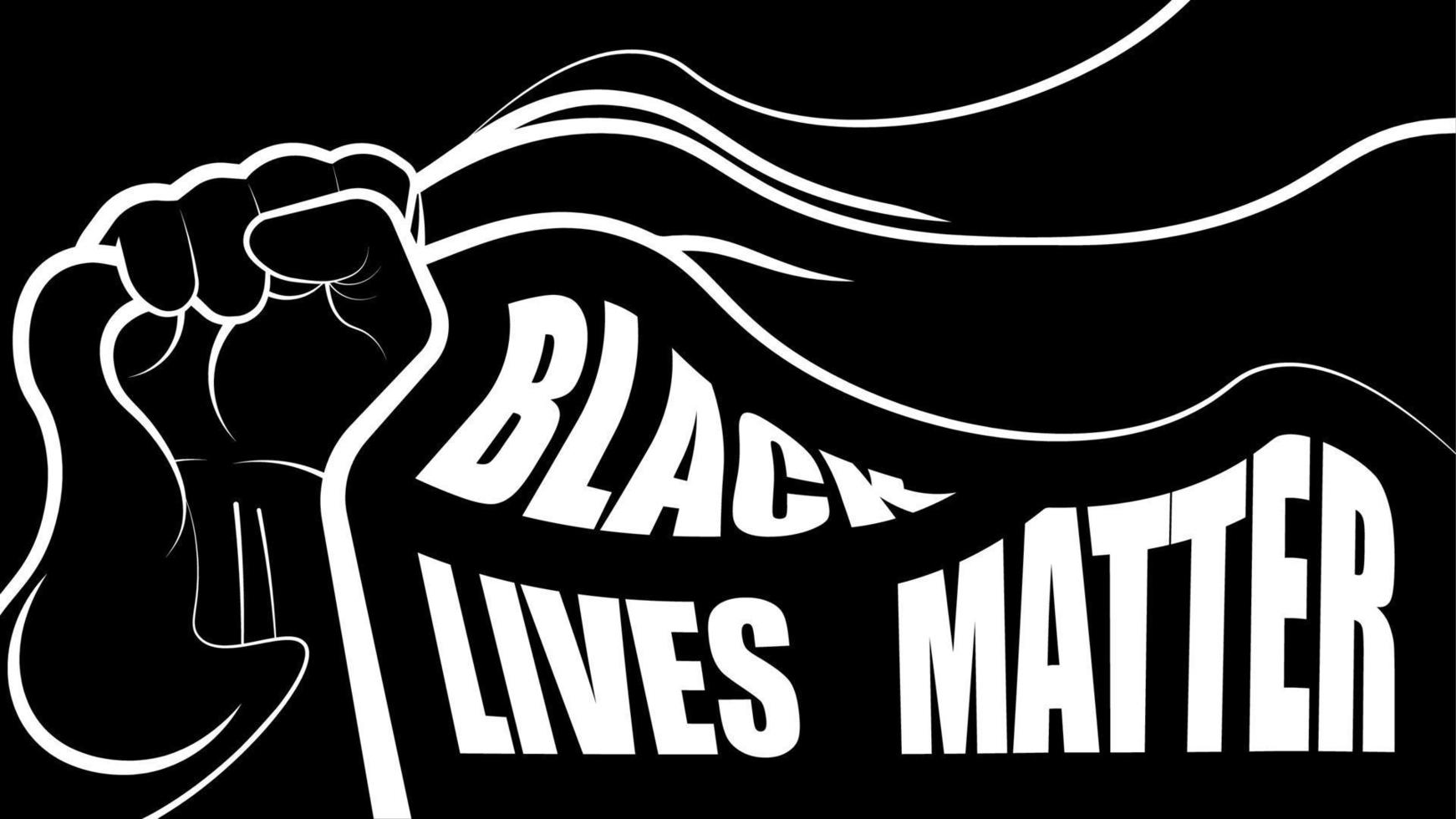 cartaz de protesto com texto vidas negras importam. mão aperta uma bandeira em seu punho, símbolo de força, a luta pela liberdade. vetor em um fundo preto