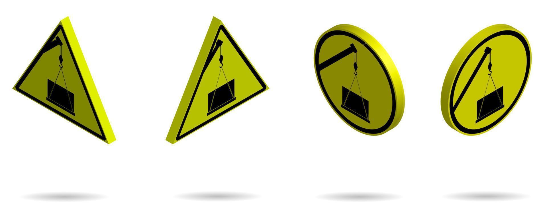 conjunto de sinais de perigo isométricos de equipamentos de construção em um fundo amarelo. símbolo de carga aérea, guindaste de construção levanta uma carga. vetor isolado