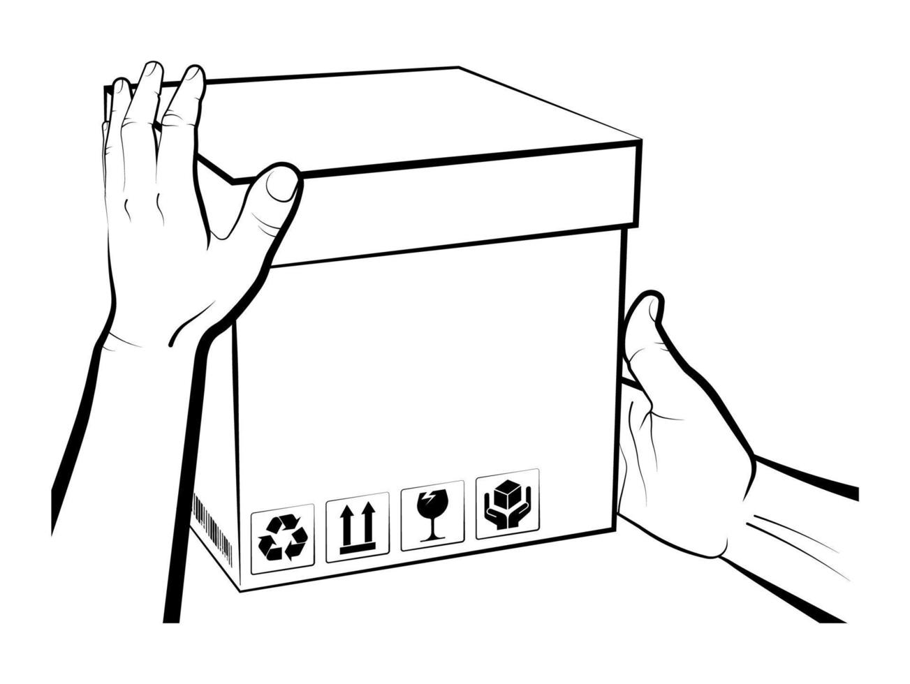 as mãos dos homens seguram a caixa com sinais de armazenamento de código de barras e carga. envio e entrega em domicílio. presentes e surpresas com entrega de correio. vetor em fundo branco