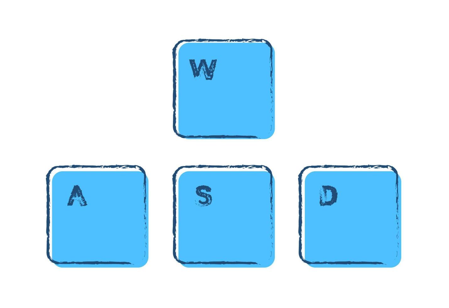 conjunto de teclas de teclado para jogos awsd em um fundo branco desenhado em tinta e cores azuis. vetor isolado