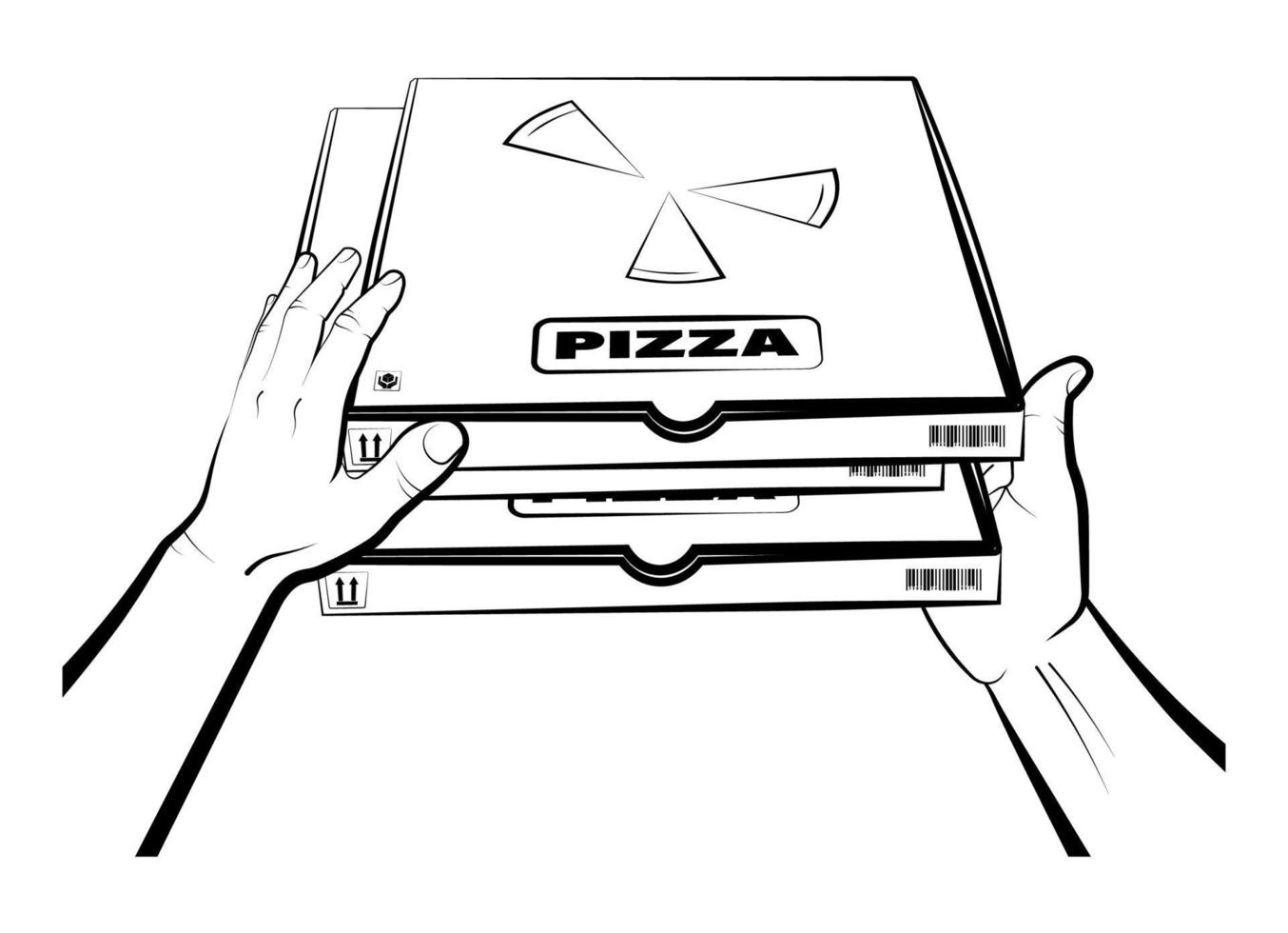 as mãos do homem seguram umas caixas fechadas com pizza. cozinha italiana. comida de entrega em domicílio. vetor isolado no fundo branco