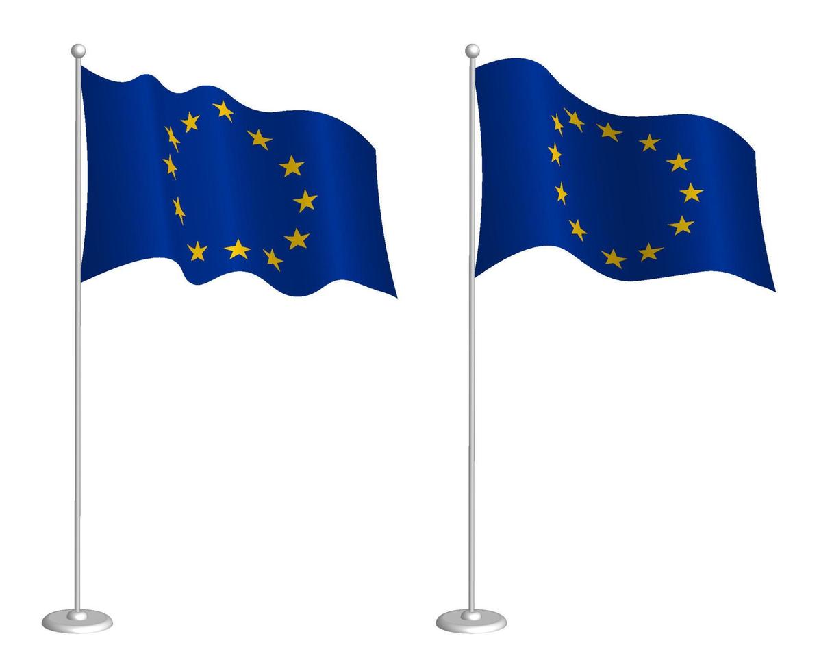 bandeira da união europeia no mastro da bandeira balançando ao vento. elemento de design de férias. ponto de verificação para símbolos do mapa. vetor isolado no fundo branco