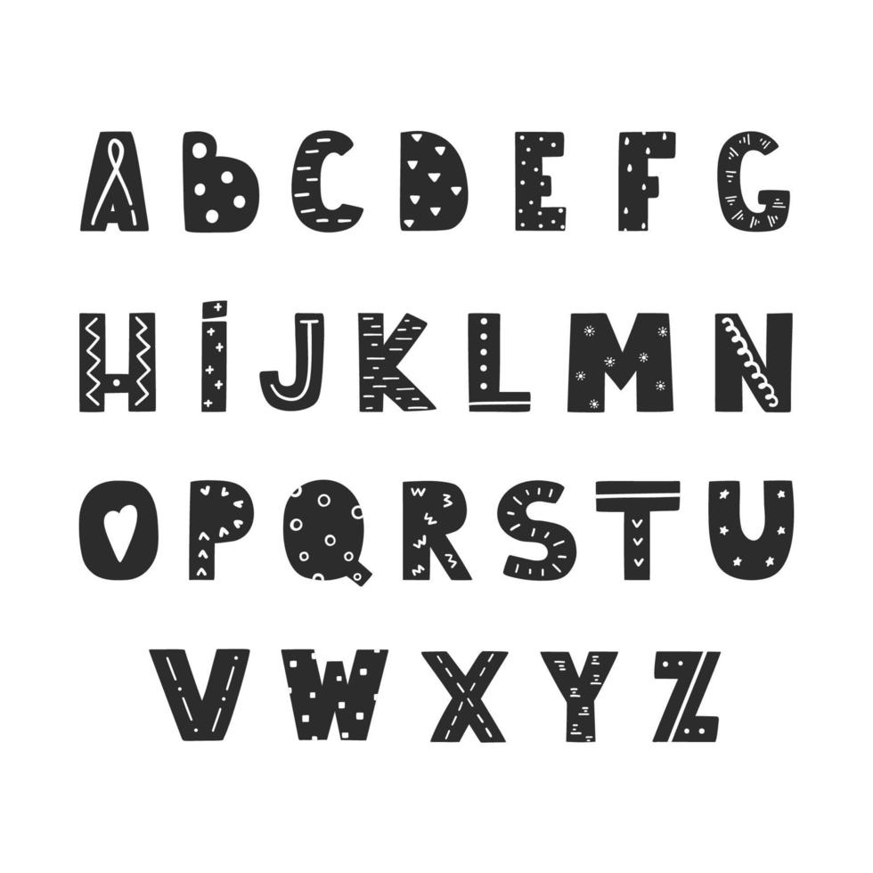 alfabeto moderno desenhado à mão na cor preto e branco. estilo escandinavo, letras infantis. modelo de vetor. vetor