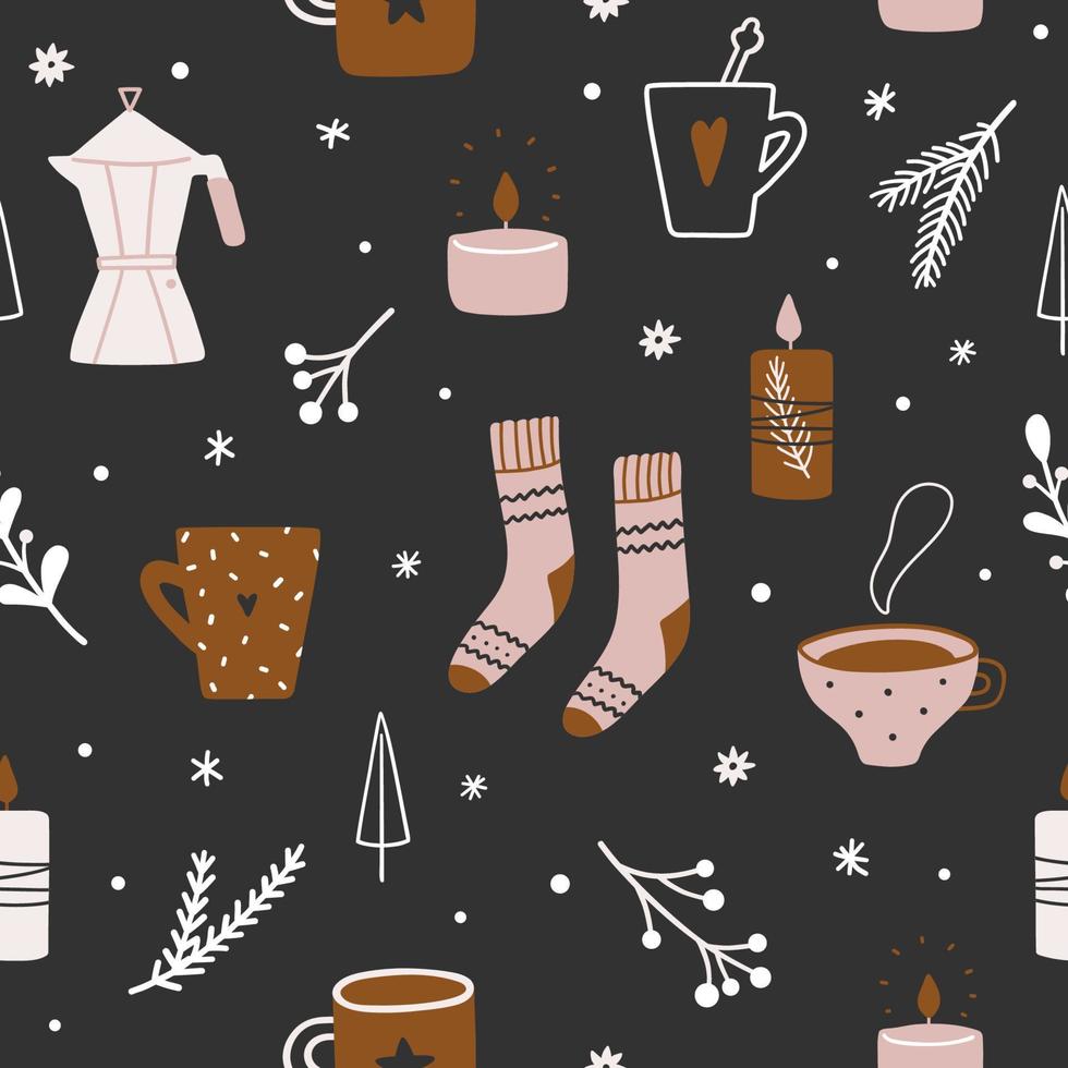 bonito padrão de natal desenhado à mão com copos, galhos de árvores de abeto, galhos, velas e meias. vetor