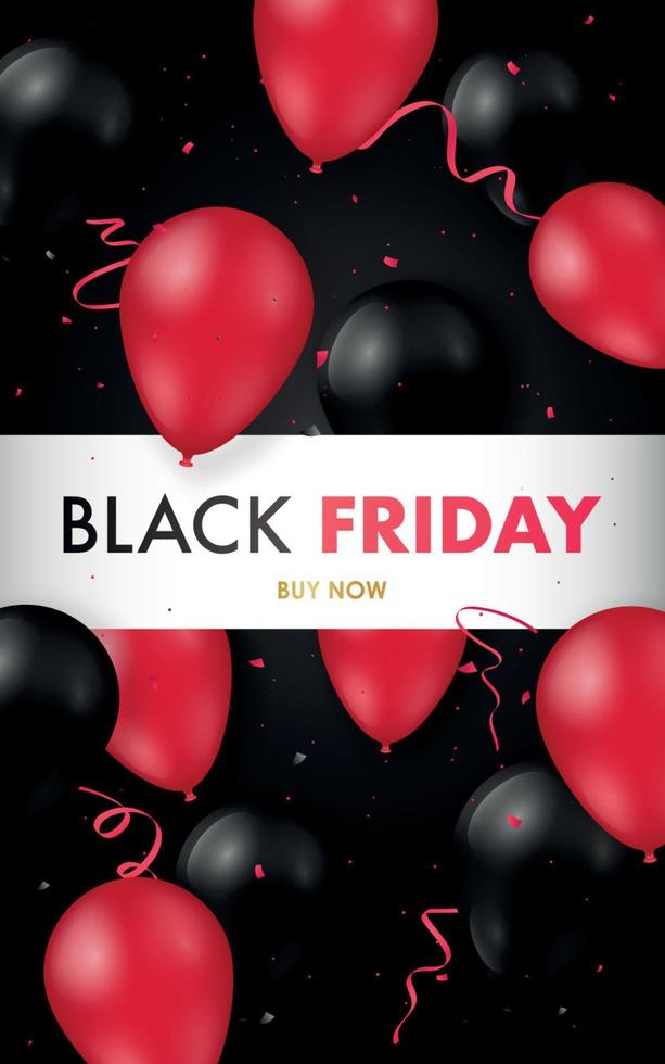 cartaz de venda de sexta-feira negra com balões pretos e vermelhos brilhantes. vetor