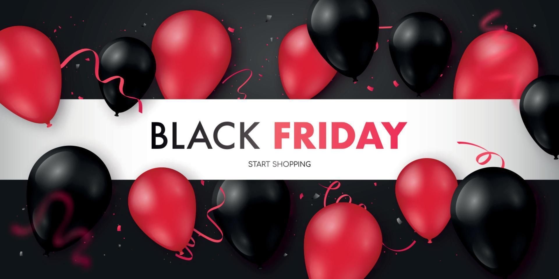 banner de venda de sexta-feira negra com balões pretos e vermelhos brilhantes. vetor