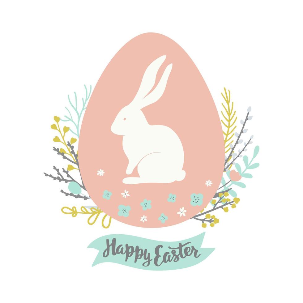 cartão de páscoa com ovo, guirlanda floral, coelho e letras desenhadas à mão sobre fundo branco. vetor