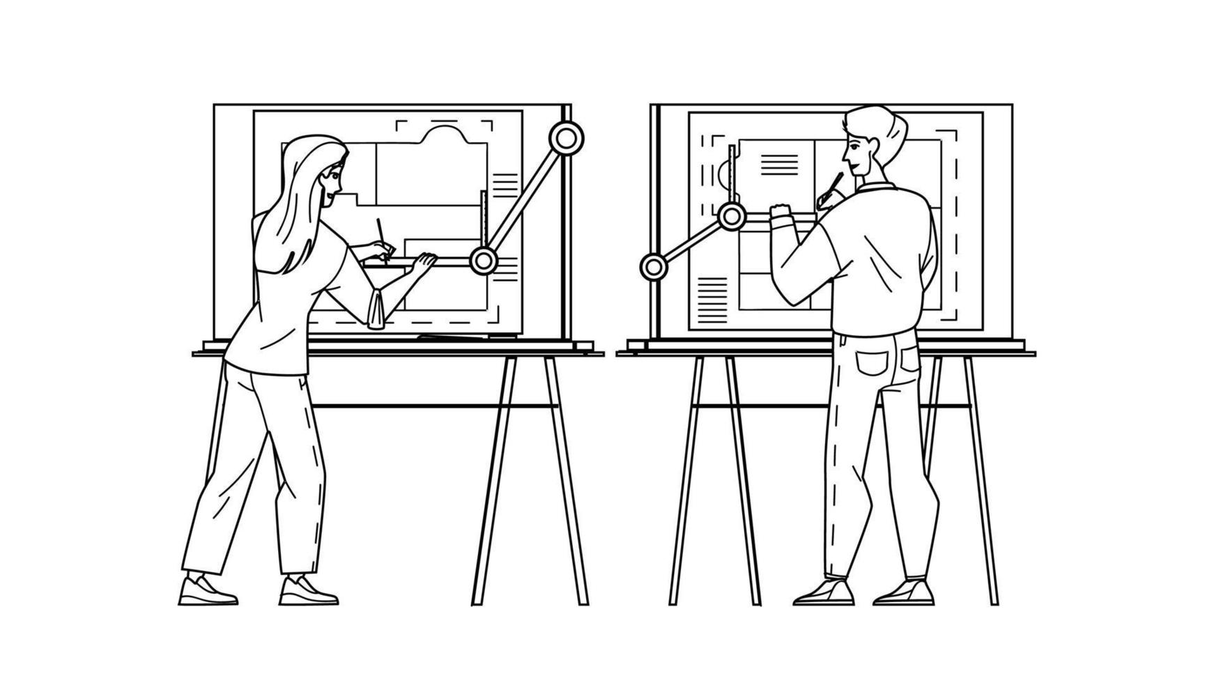 arquiteto homem e mulher desenhando a bordo vetor