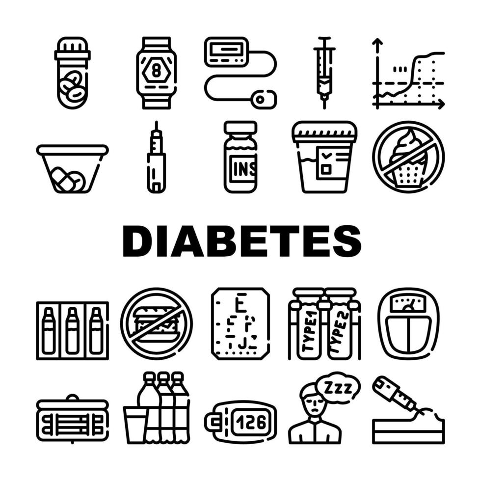 conjunto de ícones de coleção de tratamento de diabetes vetor