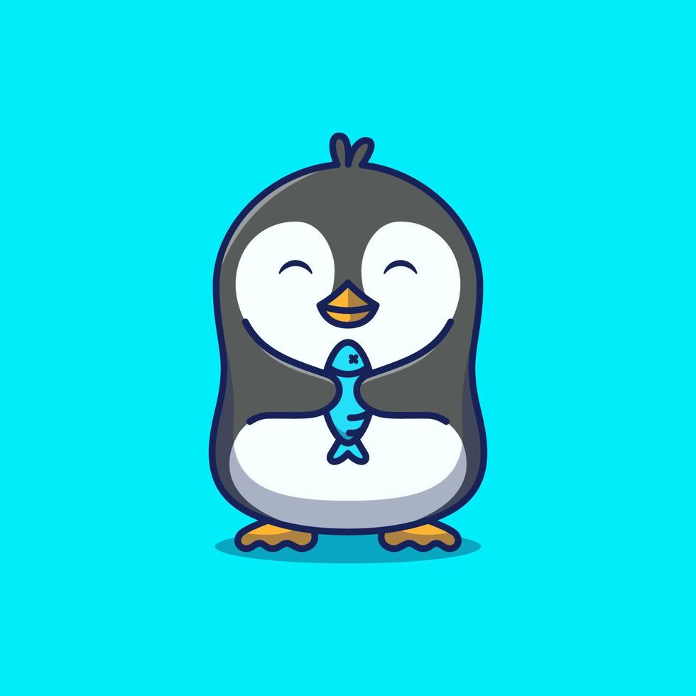 pinguim bonitinho segurando a ilustração do ícone dos desenhos animados de peixe vetor