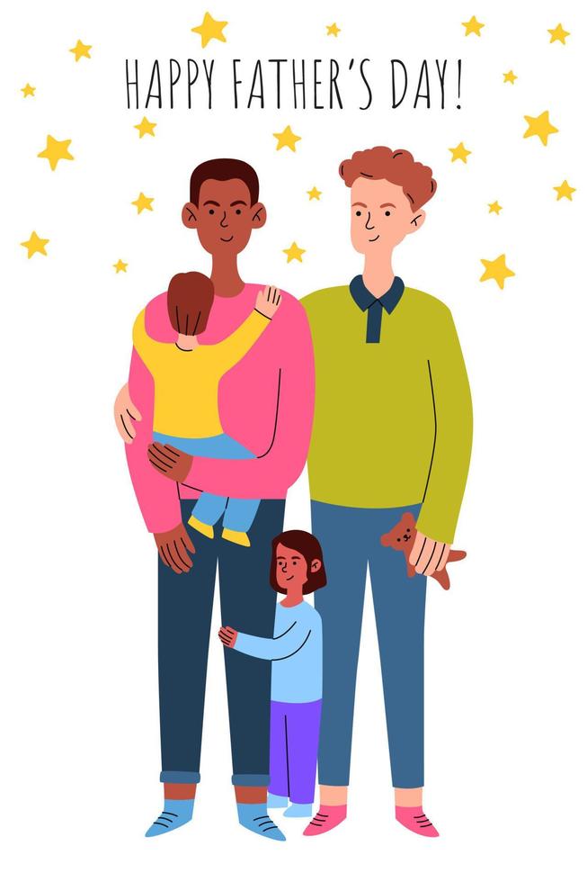 Feliz dia dos pais. casal gay com seus filhos adotivos. cartão de dia dos pais. ilustração vetorial em um estilo simples para impressão. vetor