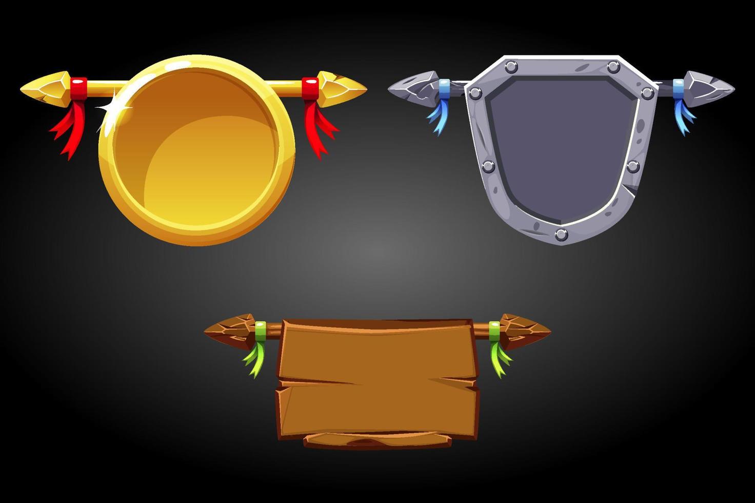 modelos de banners, escudos de metal dourado de madeira para jogos. conjunto de ilustração vetorial de rótulos em branco para o jogo de interface do usuário de ativos. vetor