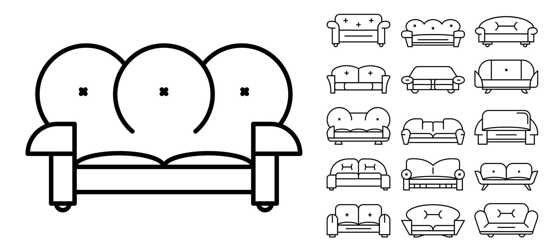 conjunto de ícones de sofá, estilo de contorno vetor