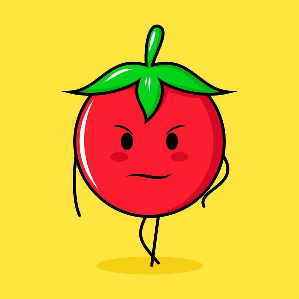 personagem de tomate fofo com expressão legal. verde, vermelho e amarelo. adequado para emoticon, logotipo, mascote vetor