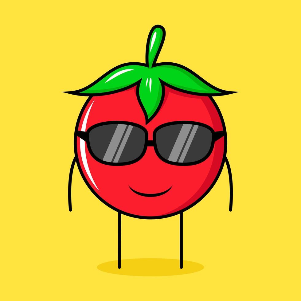 personagem de tomate fofo com expressão de sorriso e óculos pretos. verde, vermelho e amarelo. adequado para emoticon, logotipo, mascote vetor