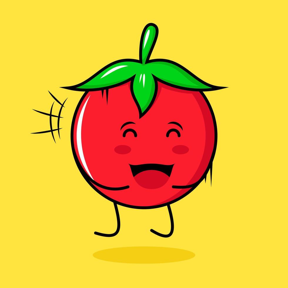personagem de tomate fofo com expressão feliz, salto, olhos fechados e boca aberta. verde, vermelho e amarelo. adequado para emoticon, logotipo, mascote vetor