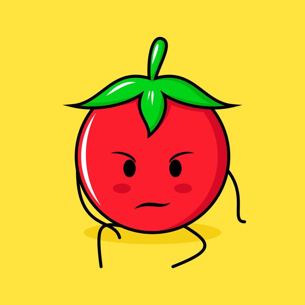 personagem de tomate fofo com expressão de intimidação e sente-se. verde, vermelho e amarelo. adequado para emoticon, logotipo, mascote vetor