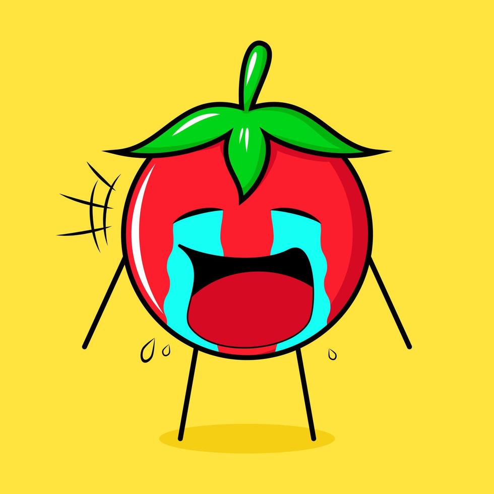 personagem de tomate fofo com expressão de choro, lágrimas e boca aberta. verde, vermelho e amarelo. adequado para emoticon, logotipo, mascote vetor