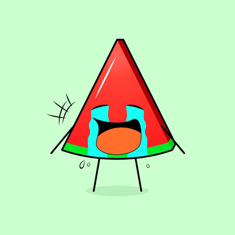 personagem de fatia de melancia fofa com expressão de choro, lágrimas e boca aberta. verde e vermelho. adequado para emoticon, logotipo, mascote vetor