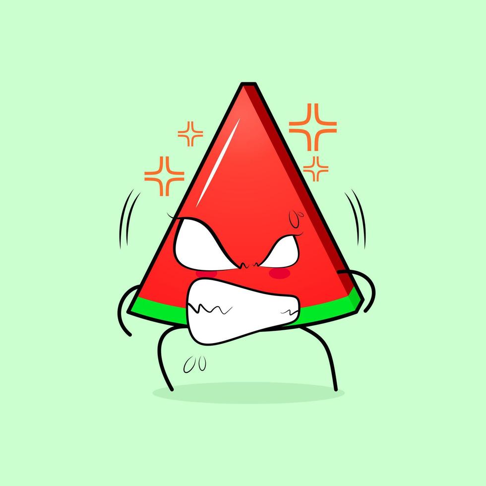 personagem de fatia de melancia bonito com expressão de raiva. olhos esbugalhados e sorridentes. adequado para emoticon, logotipo, mascote e adesivo. verde e vermelho vetor