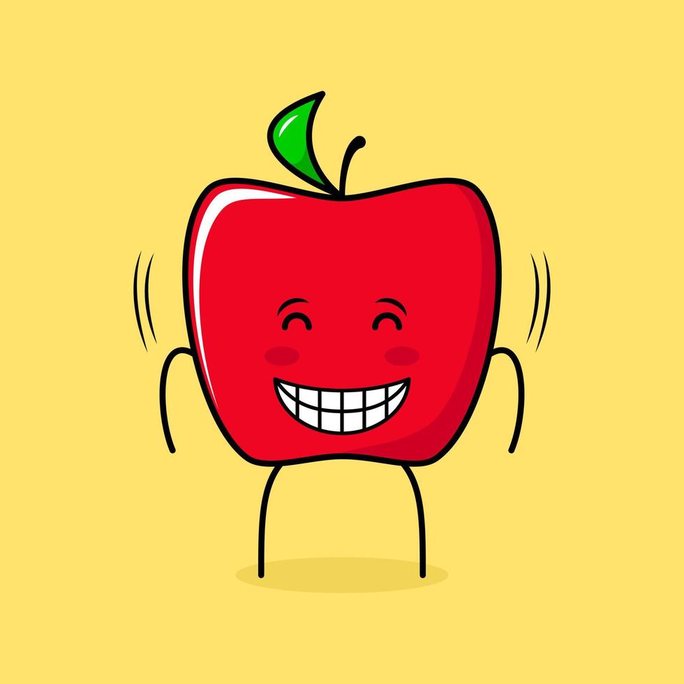 personagem de maçã vermelha fofa com sorriso e expressão feliz, fechar os olhos e sorrir. verde e vermelho. adequado para emoticon, logotipo, mascote e ícone vetor